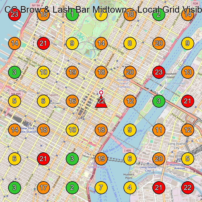 CC Brow & Lash Bar Midtown Beauty Salon GeoGrid ranking map for New York NY